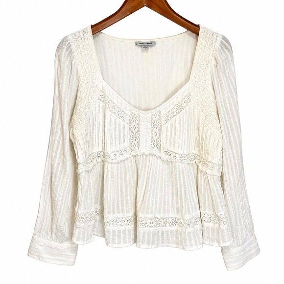 American Eagle Outfitters Tops - American Eagle White Cotton Lace Peplum Blouse Long Sleeve M 9312678854